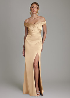 Azazie Teyana Bridesmaid Dresses Champagne Sheath Off the Shoulder Stretch Satin Dress image4
