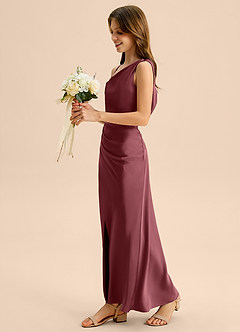 Azazie Madelyn Junior Osłona Zza ramienia Satyna elastyczna Długość podłogi Młodsza druhna Sukienka image3