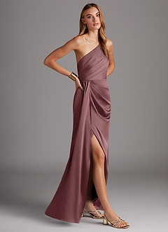 Azazie Mika Bridesmaid Dresses Vintage Mauve Sheath One Shoulder Stretch Satin Dress image4