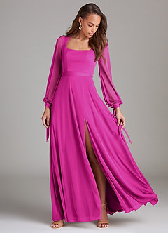 Azazie Leonia Bridesmaid Dresses Fuchsia A-Line Long Sleeve Mesh Dress image2