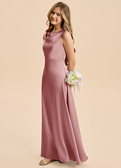 Azazie Kiki Junior Dusty Rose A-Line Bow Stretch Satin Dress image3