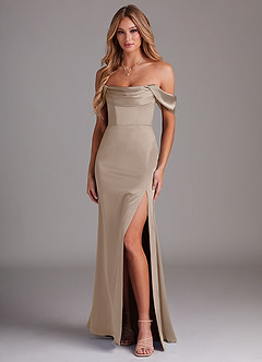 Azazie Saige Bridesmaid Dresses Taupe Sheath Off the Shoulder Stretch Satin Dress image1