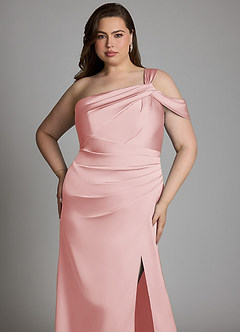 Azazie Wynter Bridesmaid Dresses Powder Pink Sheath One Shoulder Stretch Satin Dress image10