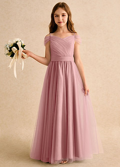 Azazie Yuna Girls Formal Abiti da Ragazza di Fiori Abito A-Line in Tulle Spalle Scoperte Rosa Polverosa image3