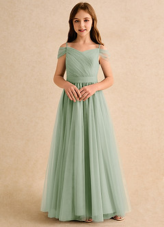 Azazie Yuna Junior Formal Flower Girl Dresses Dusty Sage A-Line Off the Shoulder Tulle Dress image4