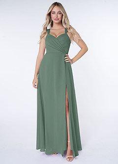 Azazie Nahrin Brautjungfernkleider A-Linie V-Hals Gefaltet Chiffon Kleid Eukalyptus image1