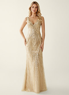 Hazelen Champagne Sequin Embroidery Beading Tulle Off-the-Shoulder Prom Dress image3