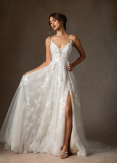 Azazie Monda Wedding Dresses Diamond White A-Line Lace Tulle Dress image4
