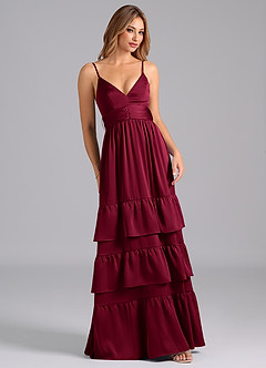 Azazie Nathalia Essayer des robes à la maison Robe Trapèze en Satin extensible Plissée Bourgogne image1