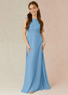 Azazie Snow Junior Abito A-Line in Chiffon Pizzo Blu Acciaio image4