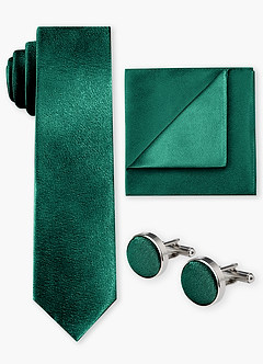 front Conjunto de corbata ancha, pañuelo de bolsillo y gemelos de satén metalizado