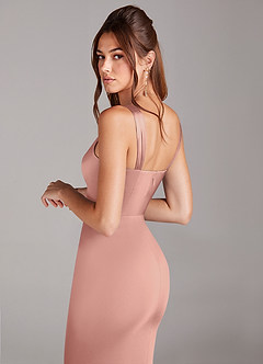 Azazie Denice 신부 들러리 드레스 쉬스 주름진 스트레치 새틴 발목 길이 드레스 image5