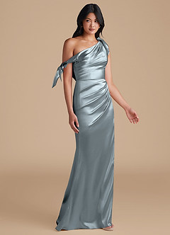 Azazie Xyla Robes de demoiselle d'honneur Robe Fourreau Convertible en Satiné métallisé Épaule décolletée Bleu Poussiéreux image7