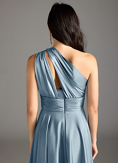 Azazie Charlize Robes de demoiselle d'honneur Robe Trapèze en Satin extensible Ue épaule Bleu Poussiéreux image16