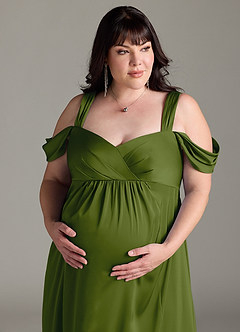Azazie Rhea Maternity Bridesmaid Dresses A-Line Off-The-Shouler Pleated Stretch Satin Floor-Length Dress image12