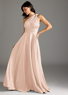 Azazie Charlize Bridesmaid Dresses Blushing Pink A-Line One Shoulder Stretch Satin Dress image5