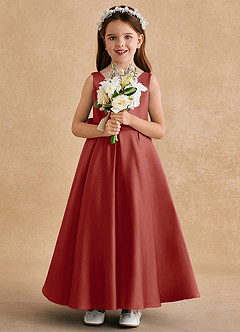 Azazie Honey Bear Flower Girl Dresses Terracotta A-Line Pleated Matte Satin Dress image3