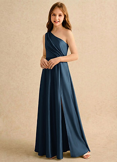 Azazie Puddles Girls Formal Robe Demoiselle D'honneur Fillette Robe Trapèze en Satin extensible Asymétrique Bleu Marine Foncé image4