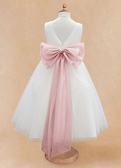 Azazie Kavi Flower Girl Dresses Ivory Powder Pink A-Line Bow Matte Satin Dress image8