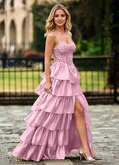 Jasmunya Pink Ruffle Floral Corset Prom Dress with Slit image4