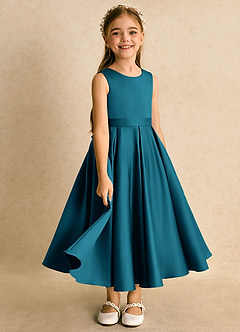 Azazie Junebuj Flower Girl Dresses Ink Blue Ball-Gown Pleated Matte Satin Dress image2