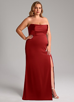 Azazie Saige Bridesmaid Dresses Pomegranate Sheath Off the Shoulder Stretch Satin Dress image17