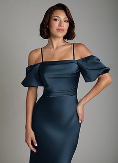 Azazie Lea Bridesmaid Dresses Dark Navy Mermaid Off the Shoulder Stretch Satin Convertible Dress image3