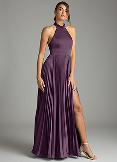 Azazie Zienna 신부 들러리 드레스 A라인 주름진 스트레치 새틴 바닥 길이 드레스 image1