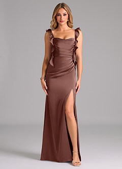 Azazie Jessamine Bridesmaid Dresses Espresso A-Line Corset Stretch Satin Dress image3