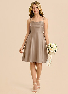 Azazie Bear Junior Taupe A-Line Sweetheart Neckline Stretch Satin Dress image1