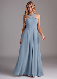 Azazie Dixie Bridesmaid Dresses Dusty Blue A-Line Halter Pleated Chiffon Dress image3