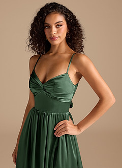 Azazie Zeya Bridesmaid Dresses Eucalyptus A-Line Pleated Metallic Satin Dress image3