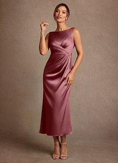 Azazie Mazhe 신부의 어머니 드레스 A라인 주름진 스트레치 새틴 티 길이 드레스 image1