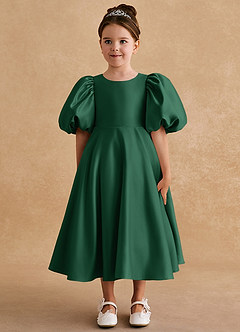 Azazie Sugarplum Flower Girl Dresses Dark Green A-Line with Sleeves Matte Satin Dress image3