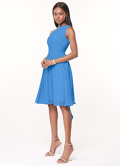 Azazie Katrina Vestidos de damas de honor Vestido de Azul Grisaceo de Gasa de Corte en A con Hombro unilateral image3