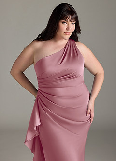 Azazie Latrice Bridesmaid Dresses Vintage Mauve Sheath One Shoulder Cascading Ruffles Stretch Satin Dress image10