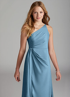 Azazie Mika Junior Robe Trapèze en Satin extensible Plissée Acier Bleuté image4