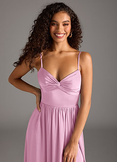 Azazie Zeya Vestidos de damas de honor Vestido Rosa Caramelo de Satén Elástico de Línea A con Plisado image3