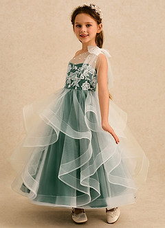 Azazie Zoey vestidos de niña de las flores Vestido Verde Oscuro de Tul de Corte Princesa con Encaje image5