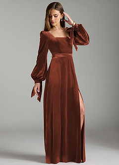 Azazie Leonia Bridesmaid Dresses Terracotta A-Line Long Sleeve Velvet Dress image4