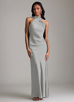 Azazie Cassiana Jurken voor bruidsmeisjes Jurk van Stretch Satijn met Zeemeermin Geplooid Zilver image1