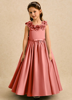 Azazie Eden Flower Girl Dresses Salmon Pink Ball-Gown Pleated Matte Satin Dress image4