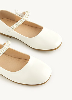 front Pearl Strap and Bow Girls Flat Shoes