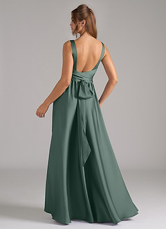 Azazie Kora At-home Try On Dresses Dusty Blue A-Line Pleated Stretch Satin Dress image6