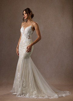 Azazie Leonie Vestidos de novia Vestido de Blanco Diamante Champán de Tul de Corte Sirena con Lentejuelas Cuello V image7
