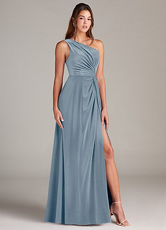 Azazie Brooke Bridesmaid Dresses Dusty Blue A-Line One Shoulder Velvet Dress image3