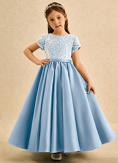 Azazie Cashew Blumenmädchenkleider Ballkleid mit ärmel Matte Satin Kleid Puderblau image2