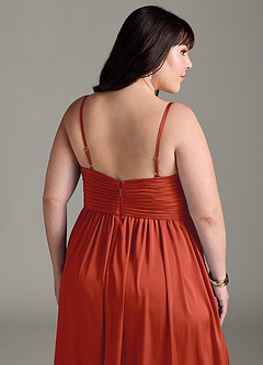 Azazie Alia Bridesmaid Dresses Rust A-Line Pleated Stretch Satin Dress image15