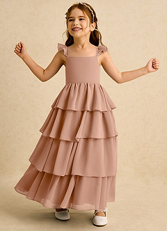 Azazie Boba vestidos de niña de las flores Vestido de Champán Rosado de Gasa de Corte En A con Escote Cuadrado image1