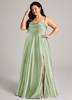 Azazie Elle Bridesmaid Dresses Dusty Sage A-Line with Pockets Metallic Satin Dress image10